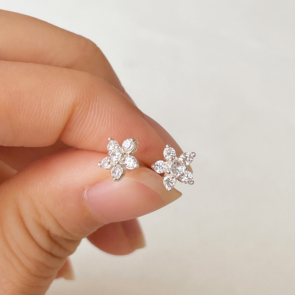 Khuyên tai bạc đính đá hình hoa mai 5 cánh CiCi Silver, bông tai bạc 925, bạc thật kèm chốt bạc