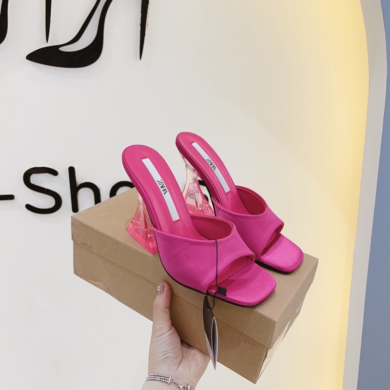 Guốc zara quai lụa ngang gót mica loe xuất dư fullbox