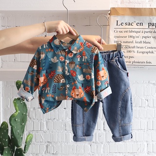 Bộ Áo Sơ Mi In Họa Tiết Động Vật + Quần Jeans Thời Trang Cho Bé Trai 0-6 Tuổi