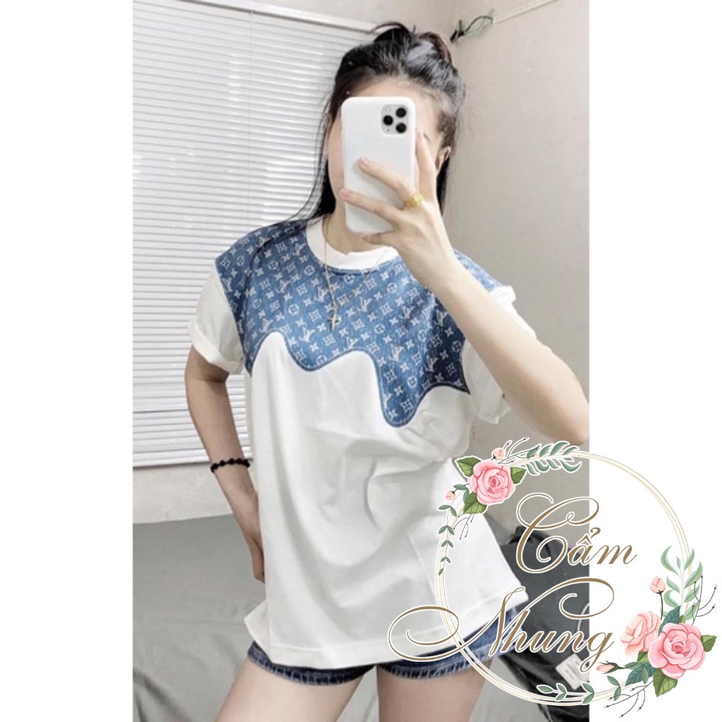 Áo Thun Tay Lỡ  LV phối xanh trắng CAMNHUNG Áo Thun Nam Nữ Unisex Hot Hit