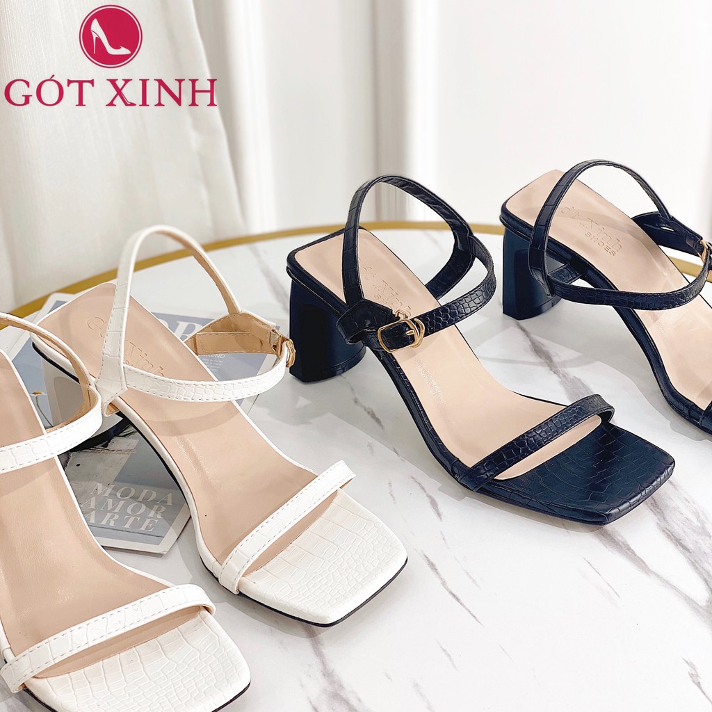 Giày sandal cao gót nữ 5cm GÓT XINH GD15 quai ngang dập vân da rắn