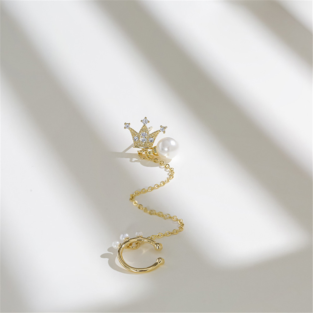 Cod Qipin 1 Piece Crown Pearl Chain Sweet Earbone Clip &amp; Stud Earrings for Women Ladies Jewelry