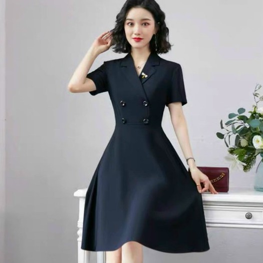 Đầm nữ sơ mi trung niên dự tiệc văn phòng công sở dạo phố xanh đen nhẹ nhàng