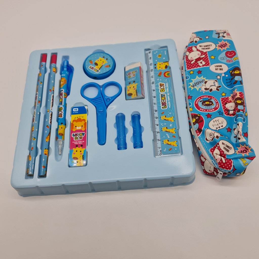 Hộp Đồ chơi Bộ dụng cụ học tập 11 món Hàn quốc Lucky Day kèm Túi Đựng Bút