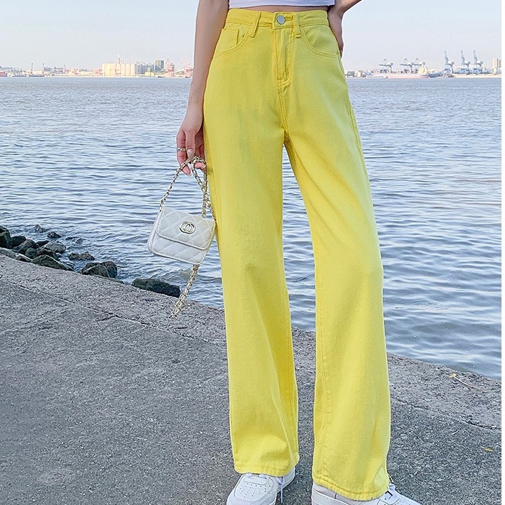 Quần jeans dài SUXI lưng cao ống rộng màu sắc đơn giản thời trang xuân hè cho nữ