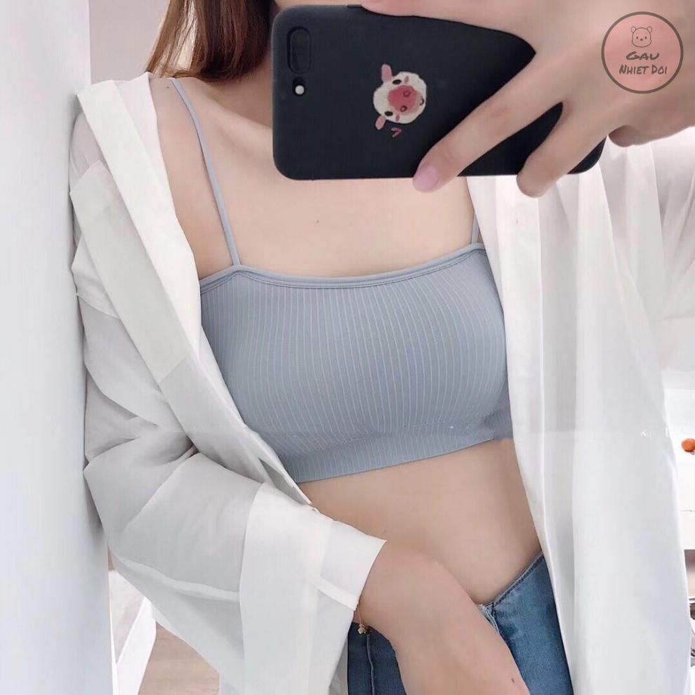 Áo Bra Thun Gân Hai Dây Sợi Bún Kiểu Dáng Thời Trang Freesize Full 4 Màu Đen/Hồng/Trắng/Xám