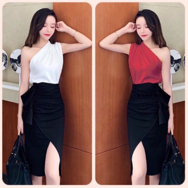 🎀SET ÁO HY LẠP LỆCH VAI CHÂN VÁY ÔM XẺ ĐÙI BÈO GIÁ RẺ