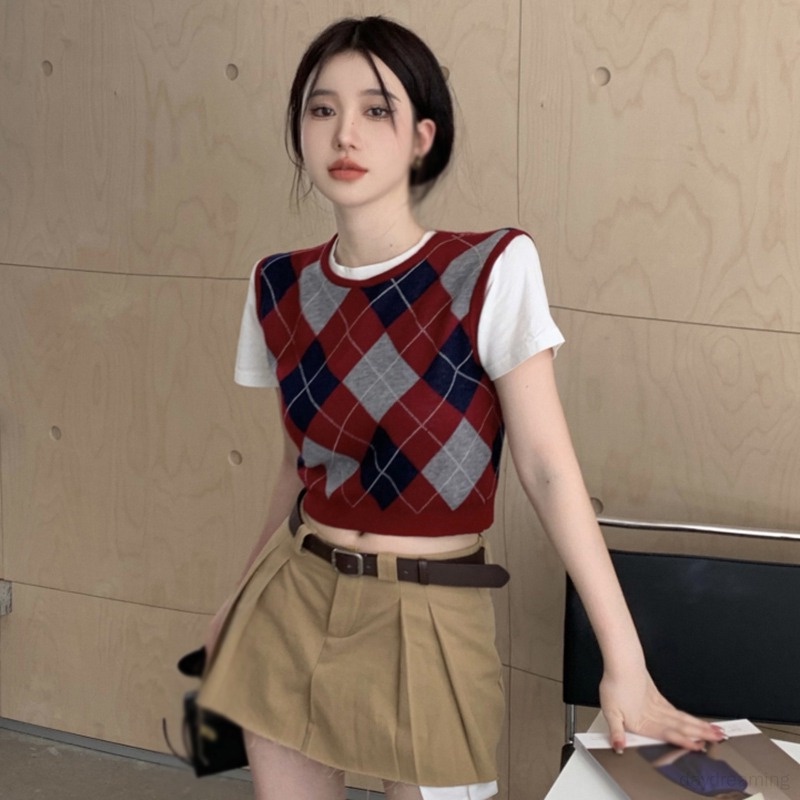 Áo Tank Top Dệt Kim Cổ Tròn Họa Tiết Kẻ Sọc Thiết Kế Đơn Giản Thời Trang Cho Nữ