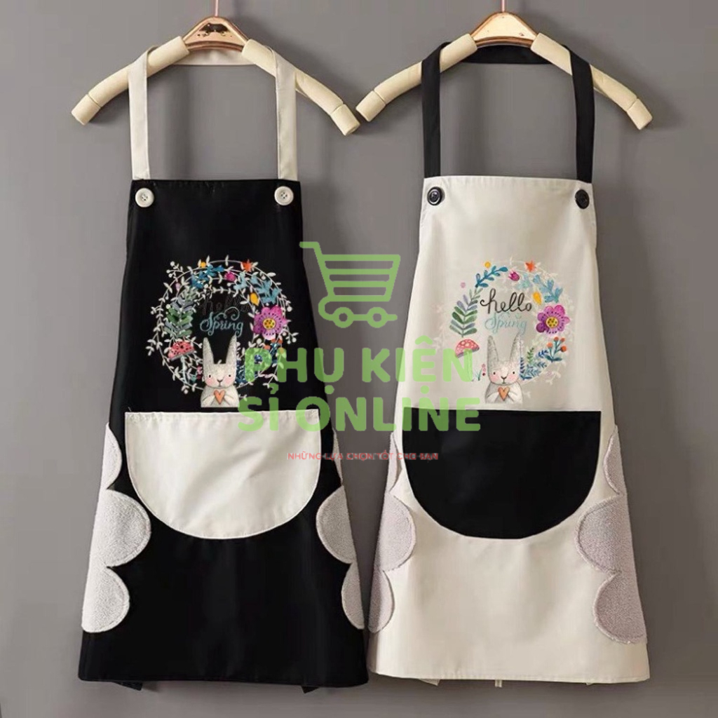 Tạp dề chông thám nước họa tiết hoa thỏ dễ thương kèm lau tay và túi to