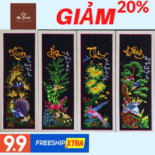 Tranh thêu vi tính tứ quý thành phẩm,bộ 4 bức tranh tứ quý treo tường thêu sẵn chỉ lụa