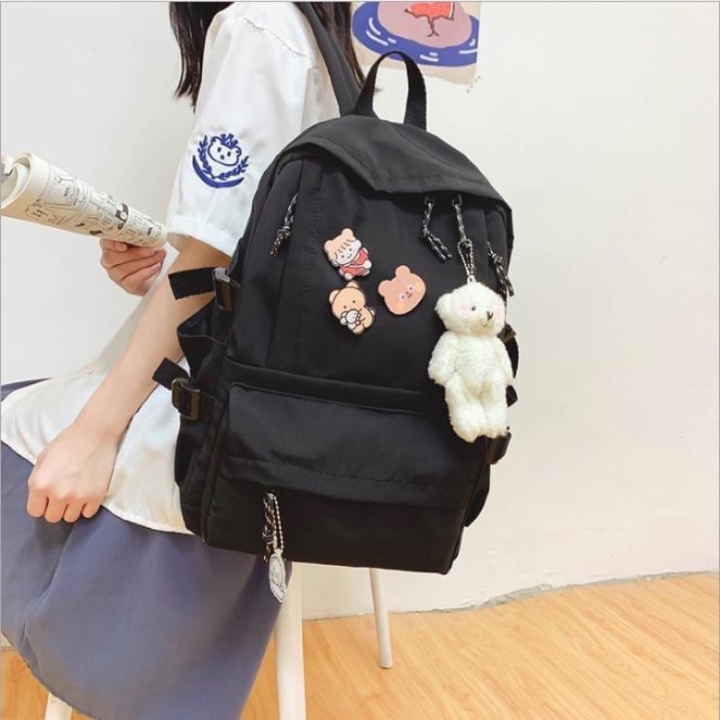 Balo trơn Sticker móc gấu