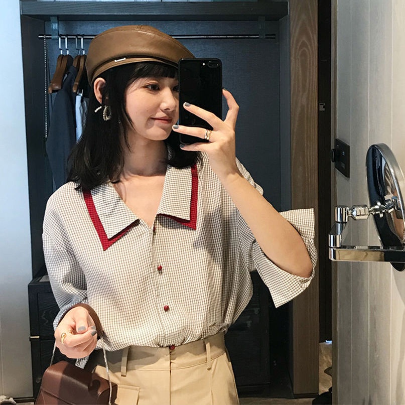 Áo sơ mi chính hãng màu đỏ có khóa cài không đều hình quả cherry cổ điển mùa hè mới