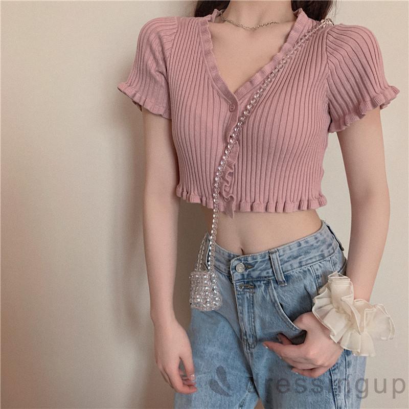 Áo Croptop Tay Ngắn Cổ Chữ V Màu Trơn Cá Tính Dành Cho Nữ