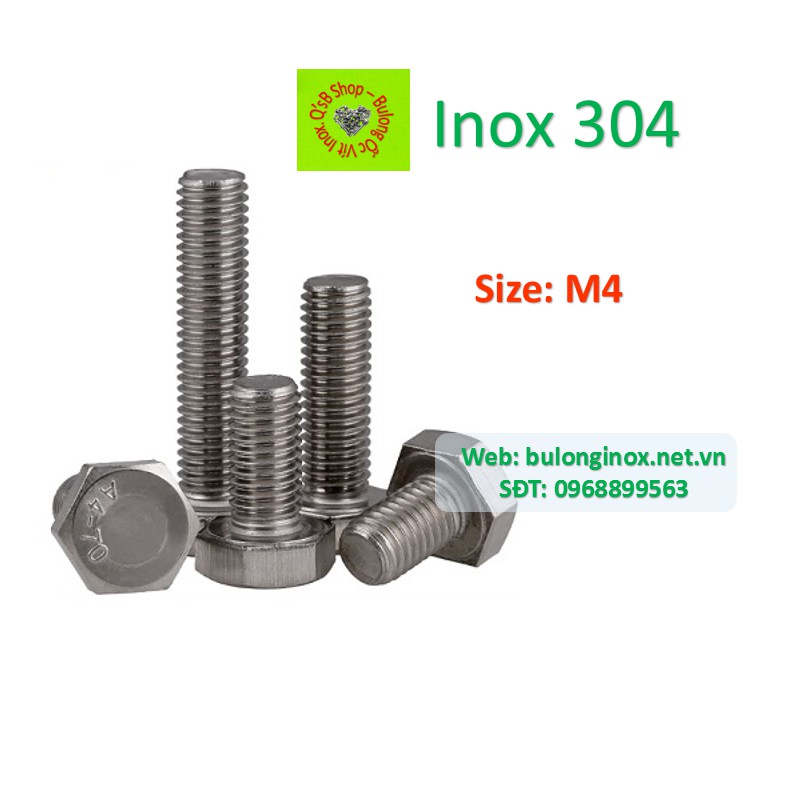 Bulong lục giác ngoài ren suốt size 4, ốc inox , bulong inox, inox 304