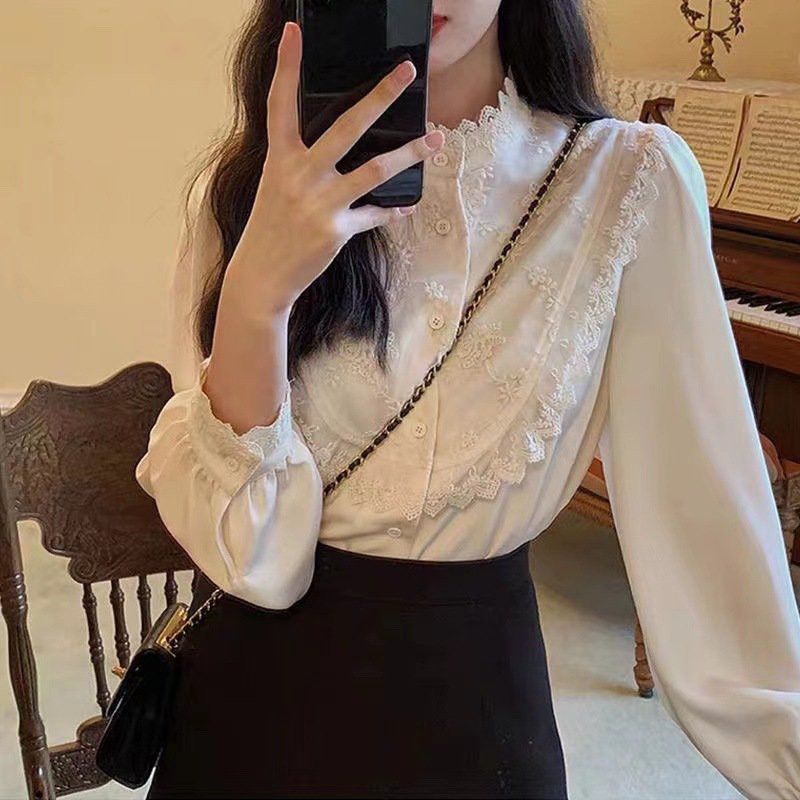 Áo sơ mi trắng cổ đứng phối ren thêu hoa nữ phong cách trẻ trung nữ tính