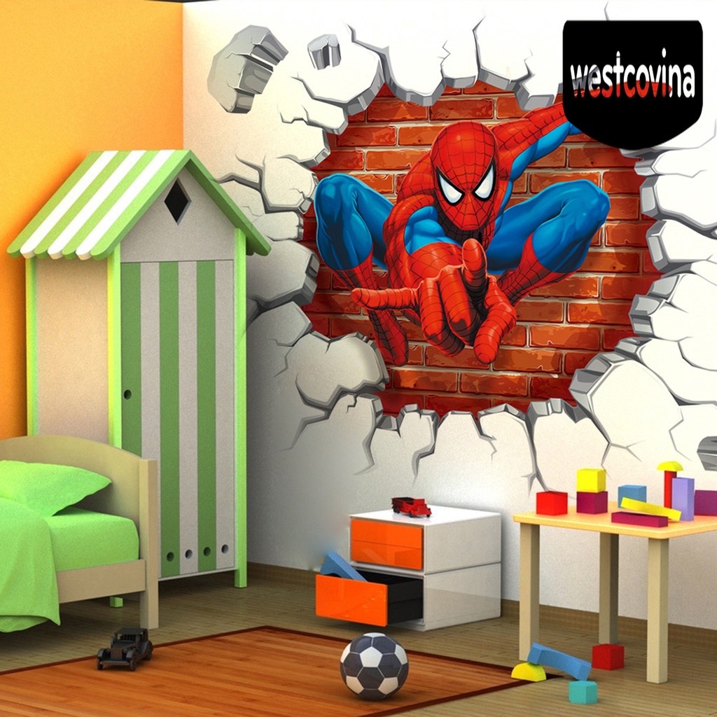 ☀ Miếng Dán Tường Trang Trí Hình Người Nhện Hoạt Hình 3D Hiệu Ứng Cho Trẻ Em