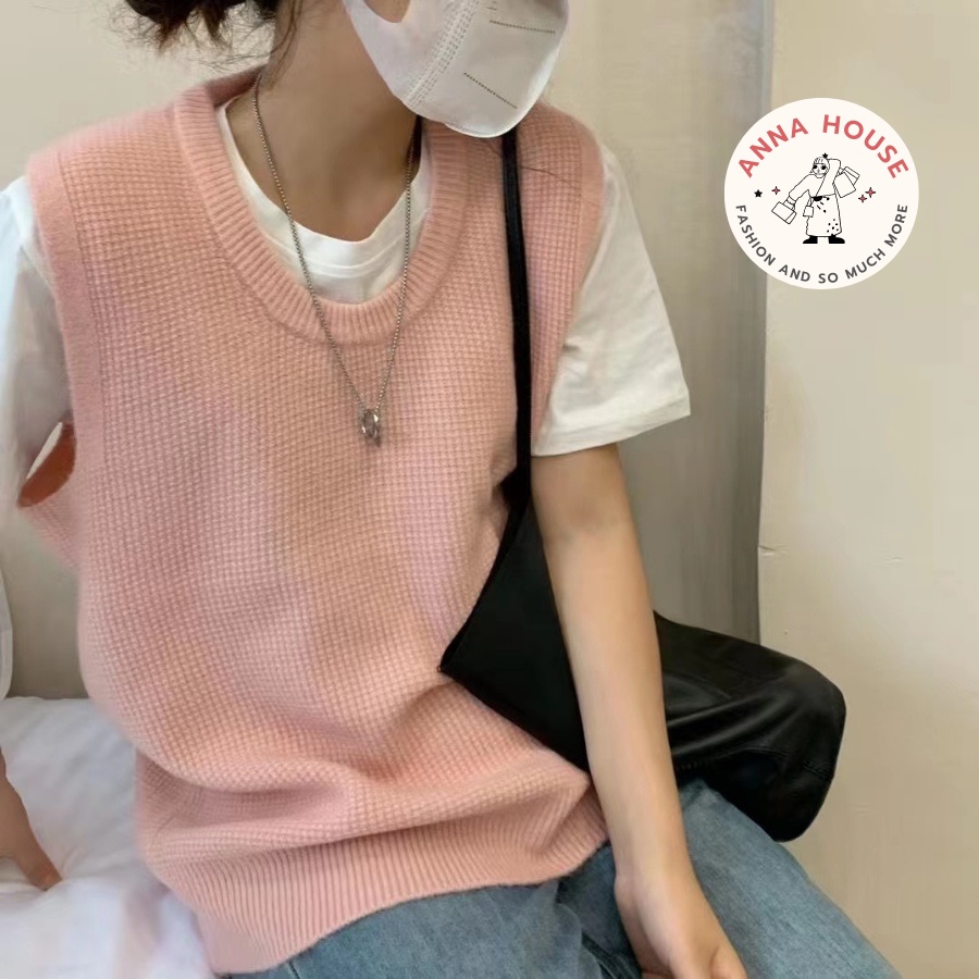 Áo gile nữ chất len cổ tròn xẻ vạt nhiều màu hàng Quảng Châu, áo gile len màu trơn basic Vintage Phong Cách Hàn Quốc