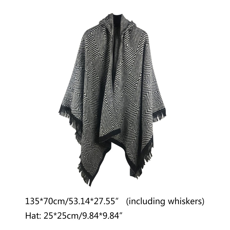 Khăn Choàng Dệt Kim Phối Tua Rua Viền Tua Rua Oversize Giữ Ấm Mùa Đông Phong Cách Vintage Cho Nữ