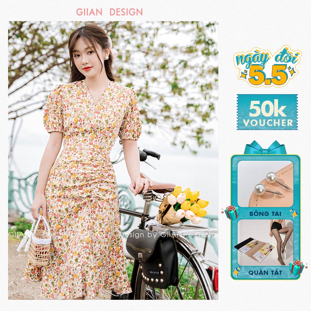 Váy hoa nhí tay bồng đuôi cá thiết kế GIIAN, đầm nữ công sở ngắn tay cổ V rút dây dáng dài G-V2156-1