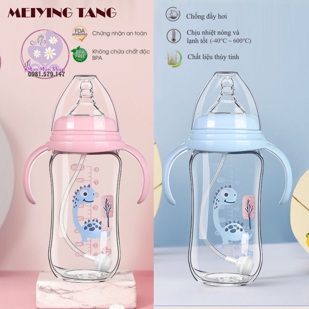 Bình sữa thủy tinh cổ rộng 180ml/240ml vừa máy Avent/Spectra có tay cầm và núm ti siêu mềm, van chống sặc Meiying Tang