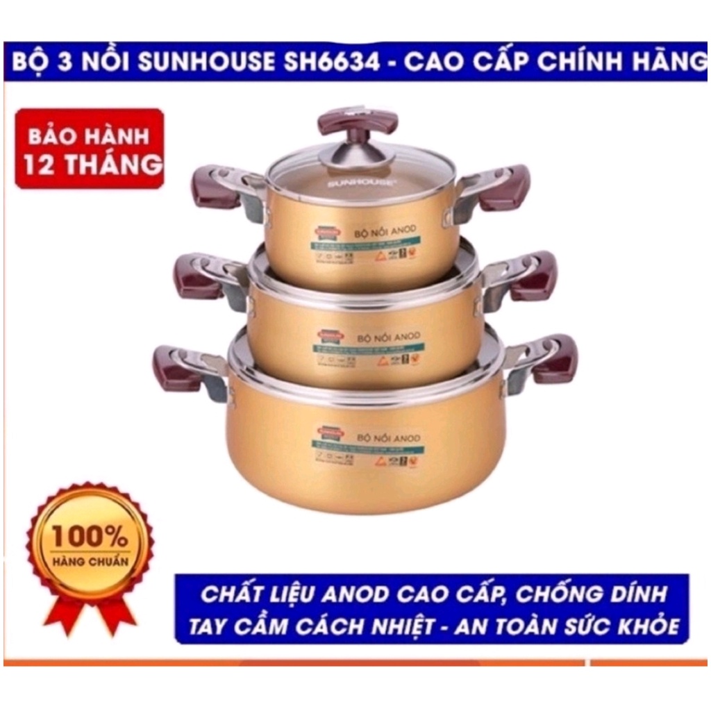 Bộ nồi Anod Sunhouse SH6634 chất liệu nhôm dùng bếp gas bếp hồng ngoại