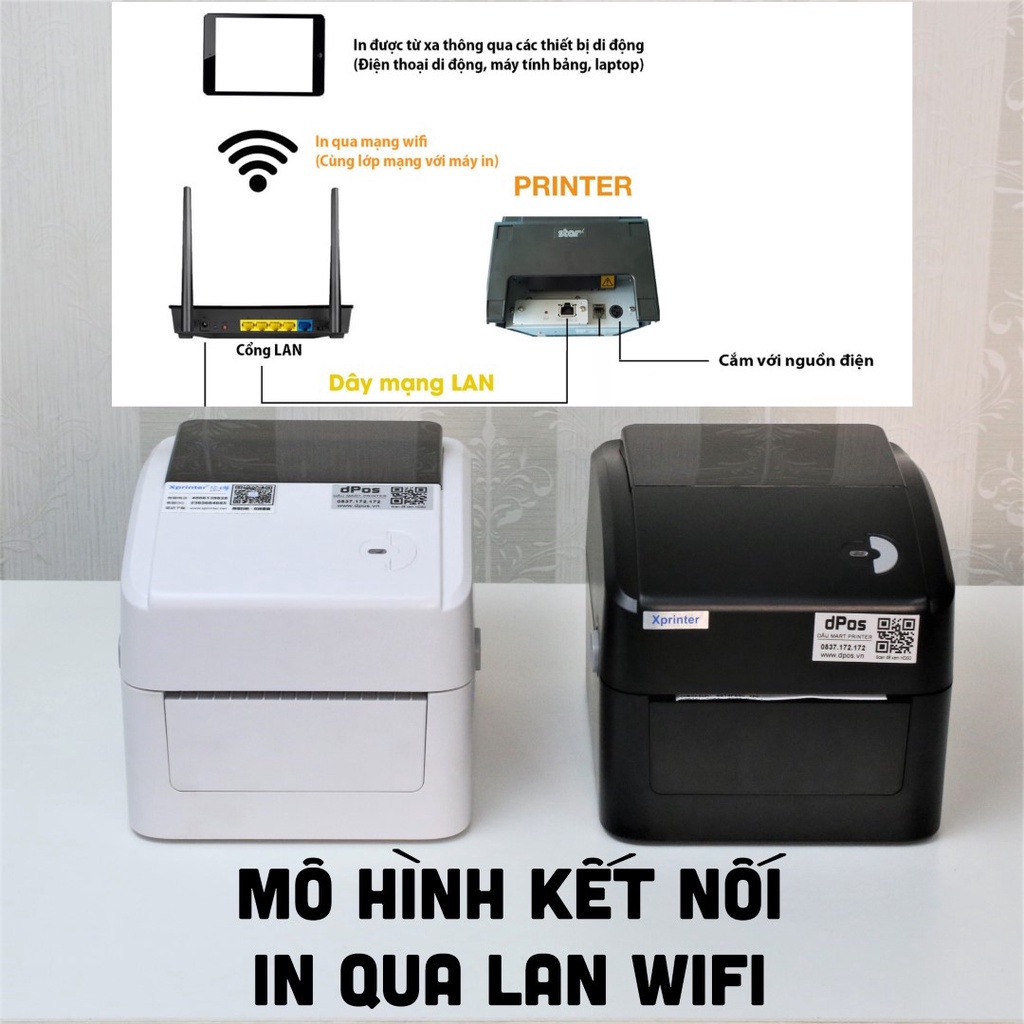 Máy in dPos XP420B in đơn hàng tem vận chuyển từ điện thoại iphone Adroid máy tính Macbook Windown qua Wifi LAN