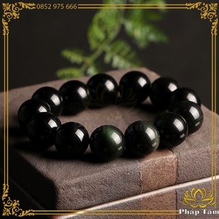 Vòng tay đá núi lửa obsidian đen cao cấp ánh vân xanh tự nhiên - tâm phong thủy
