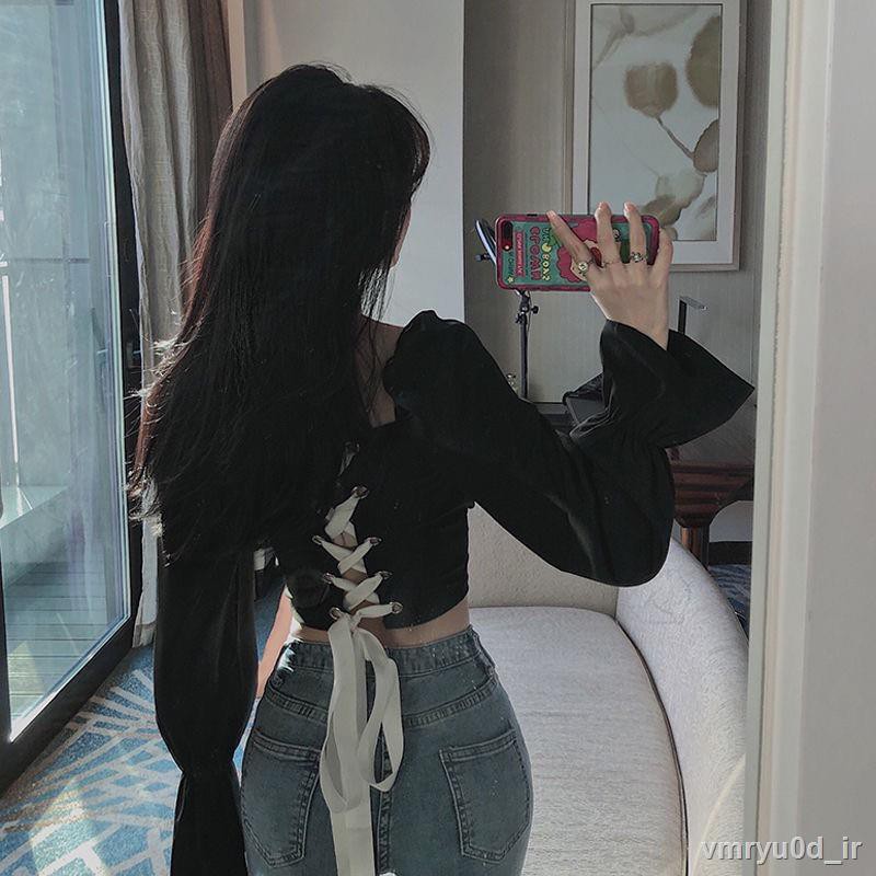 ✘♨Phụ nữ Áo sexy hàng đầu trễ vai Trên cùng Dài tay màu trắng sơ mi phồng Ruffle Crop Top Mùa hè Ống