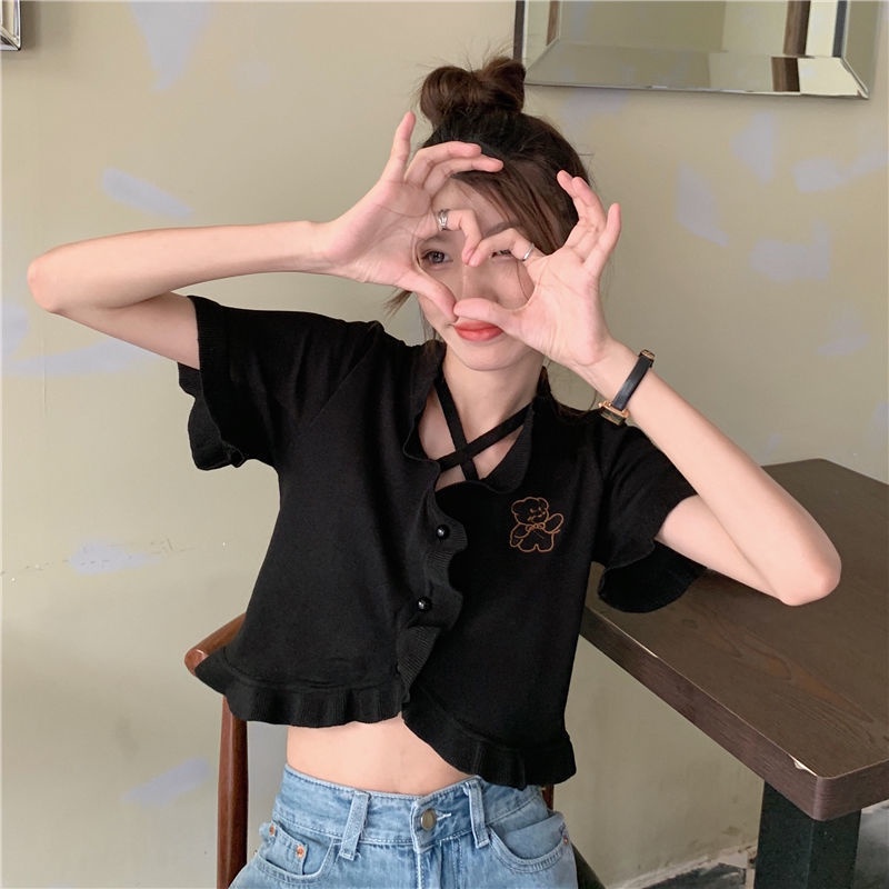 Áo croptop tay ngắn in hình hoạt hình ngọt ngào dáng ôm thời trang mùa hè cho nữ