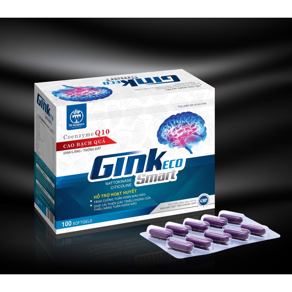 Hoạt huyết dưỡng não GINK ECO SMART, Bổ não, tăng cường máu lên não, tăng cường trí nhớ (hộp 100 viên)