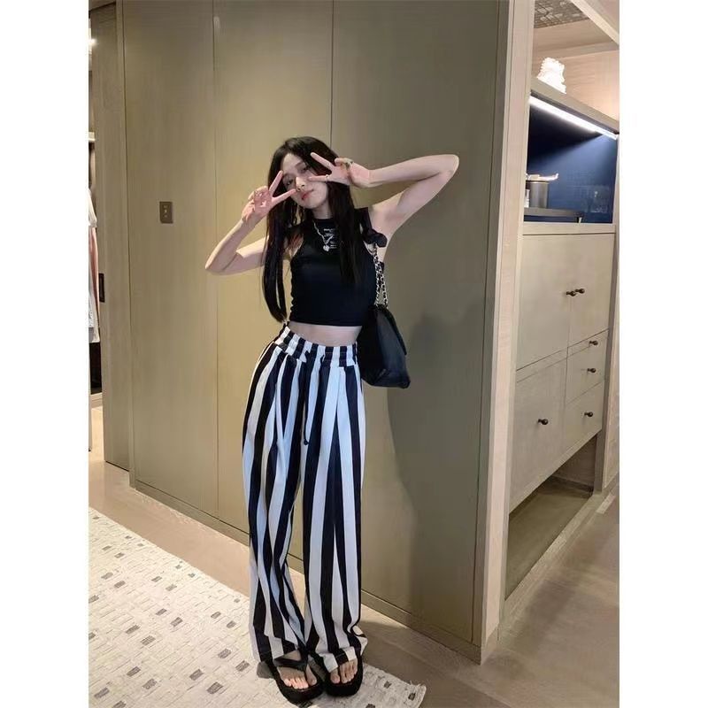 Jiashucheng Quần Dài Ống Rộng Họa Tiết Kẻ Sọc Trắng Đen Thời Trang Mùa Hè Cho Nữ