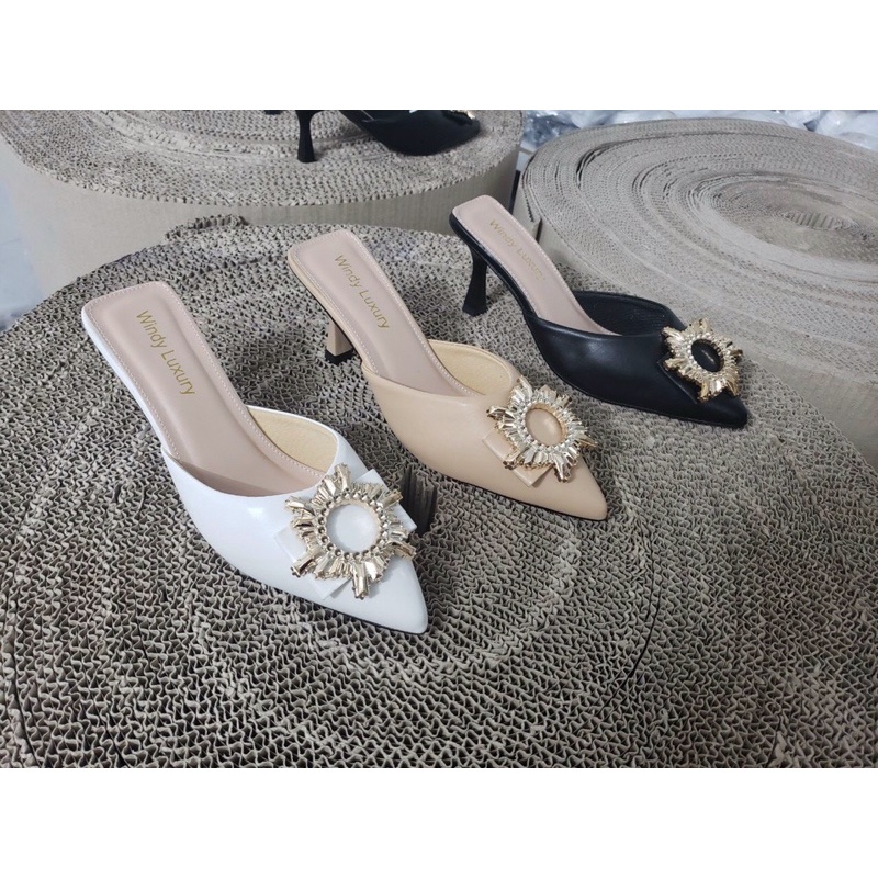 Bán Sỉ- Dép sục nữ cao gót mũi nhọn da lì hoa mặt trời gót nhọn 6cm