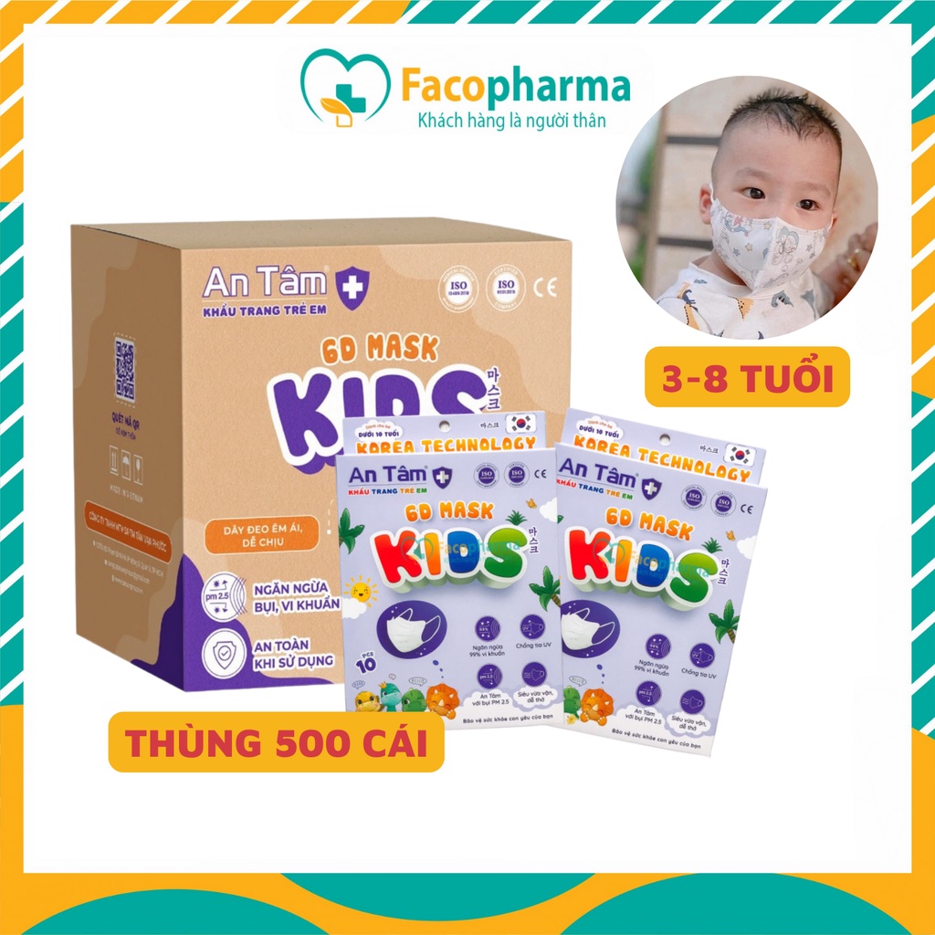 Thùng 500c khẩu trang trẻ em 6D An Tâm cho em bé 3 tuổi giúp kháng khuẩn lọc bụi dễ thở x50AT6DC