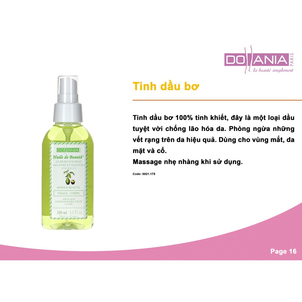 Tinh dầu bơ Dollania 100ml dành cho da khô &amp; rất khô