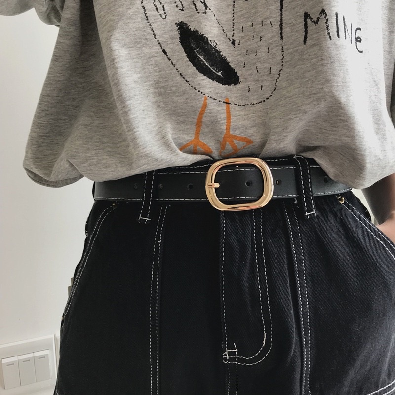 Dây thắt lưng Meo shop Unisex nữ nam mặt tròn elip vàng TL031- thắt lưng da unisex nam nữ hàn quốc học sinh viên