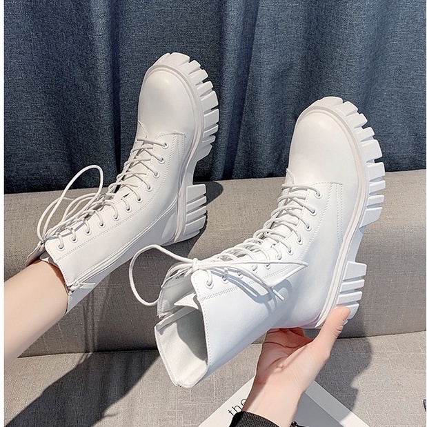 Giày bốt da Martin cổ cao- Giầy boots đế cao gót thời trang phong cách Hàn Quốc khóa kéo ống cao 24Cm full Box/đen