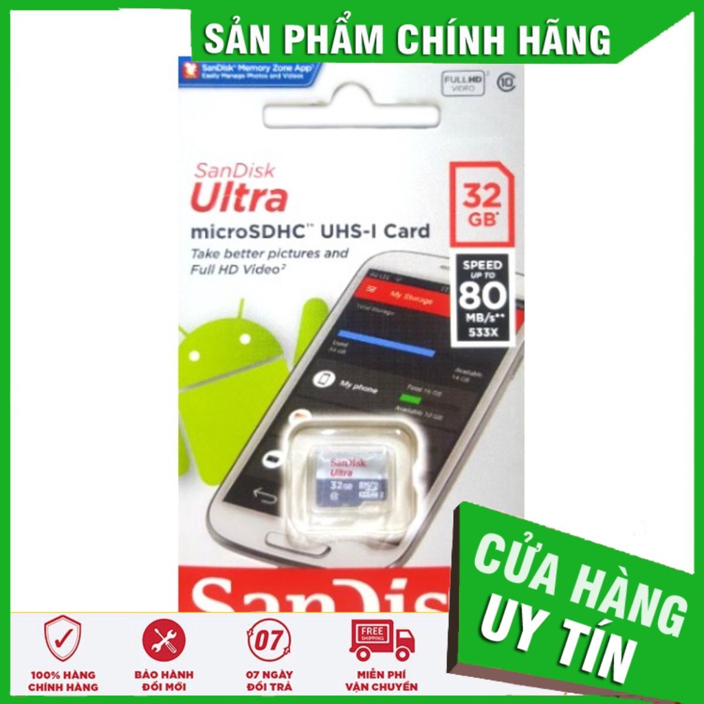 Thẻ nhớ Micro SD 32Gb Sandisk Ultra Class 10 up to 100Mb/s ✔HÀNG CHÍNH HÃNG ✔