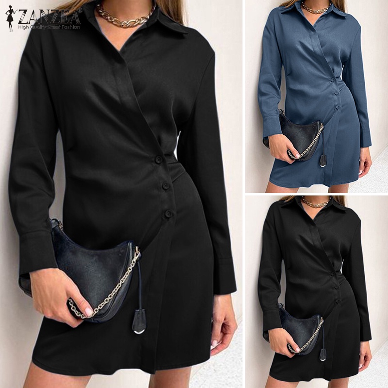 Đầm ZANZEA cho nữ dài tay cổ bẻ dáng dài rộng thời trang Hàn Quốc