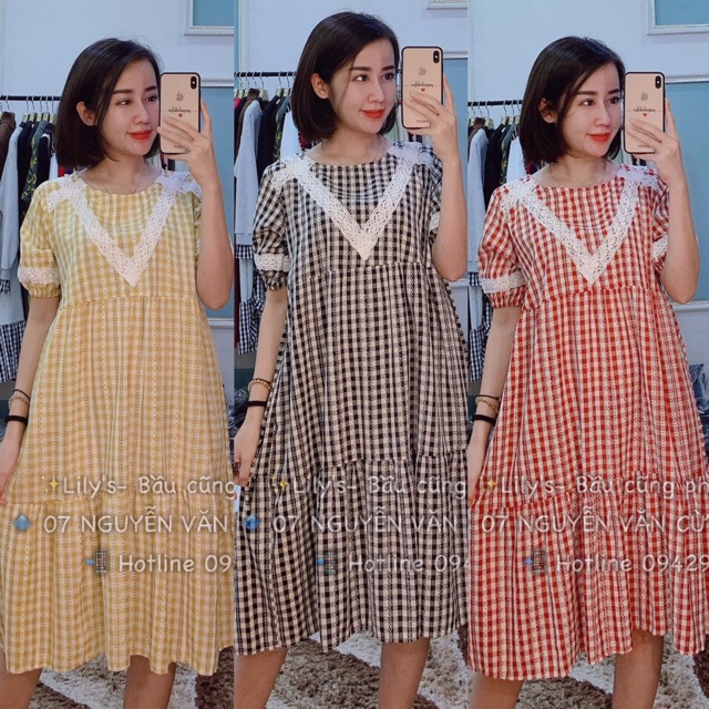 Váy bầu công sở chất mềm mát đầm bầu kẻ sọc mùa hè