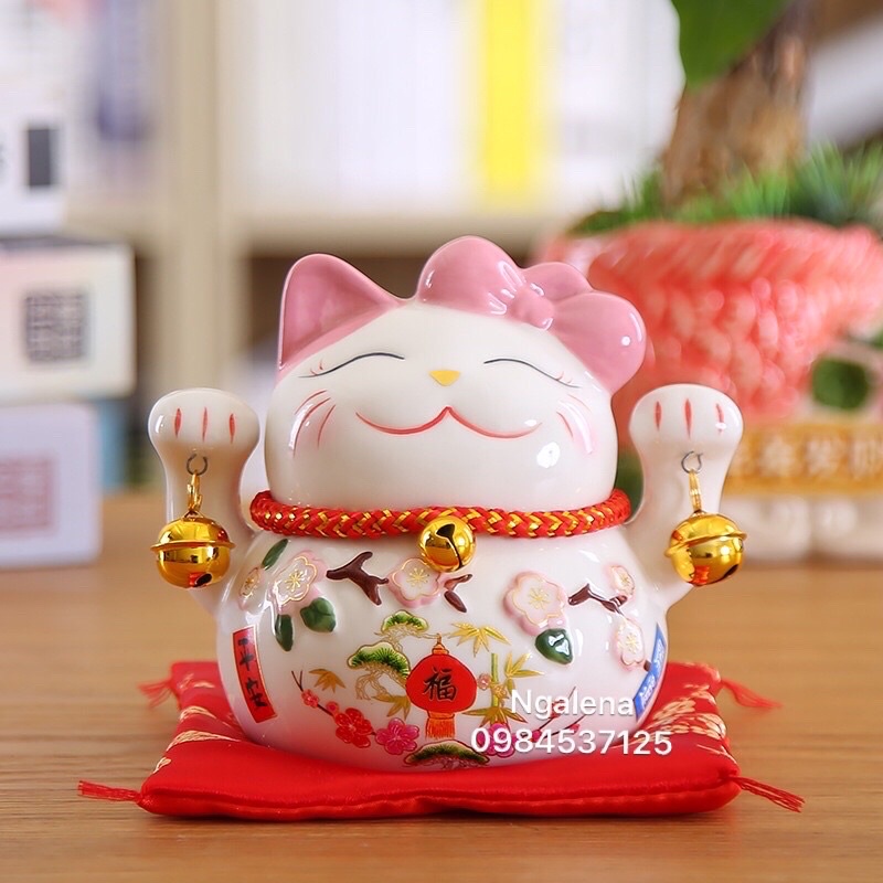 Mèo thần tài may mắn neko maneki Anh đào hồng sáo ngọc bích (hũ tiết kiệm)