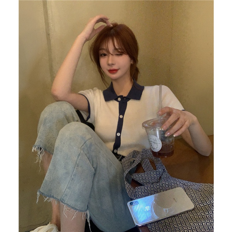 Áo sơ mi dệt kim Polo Colorblock Áo thun ngắn tay dệt kim lụa băng mùa hè cho nữ