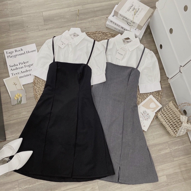 Set áo sơ mi trắng tay ngắn phồng kèm đầm yếm kiểu đan lưng sau 2 màu freesize Pumi