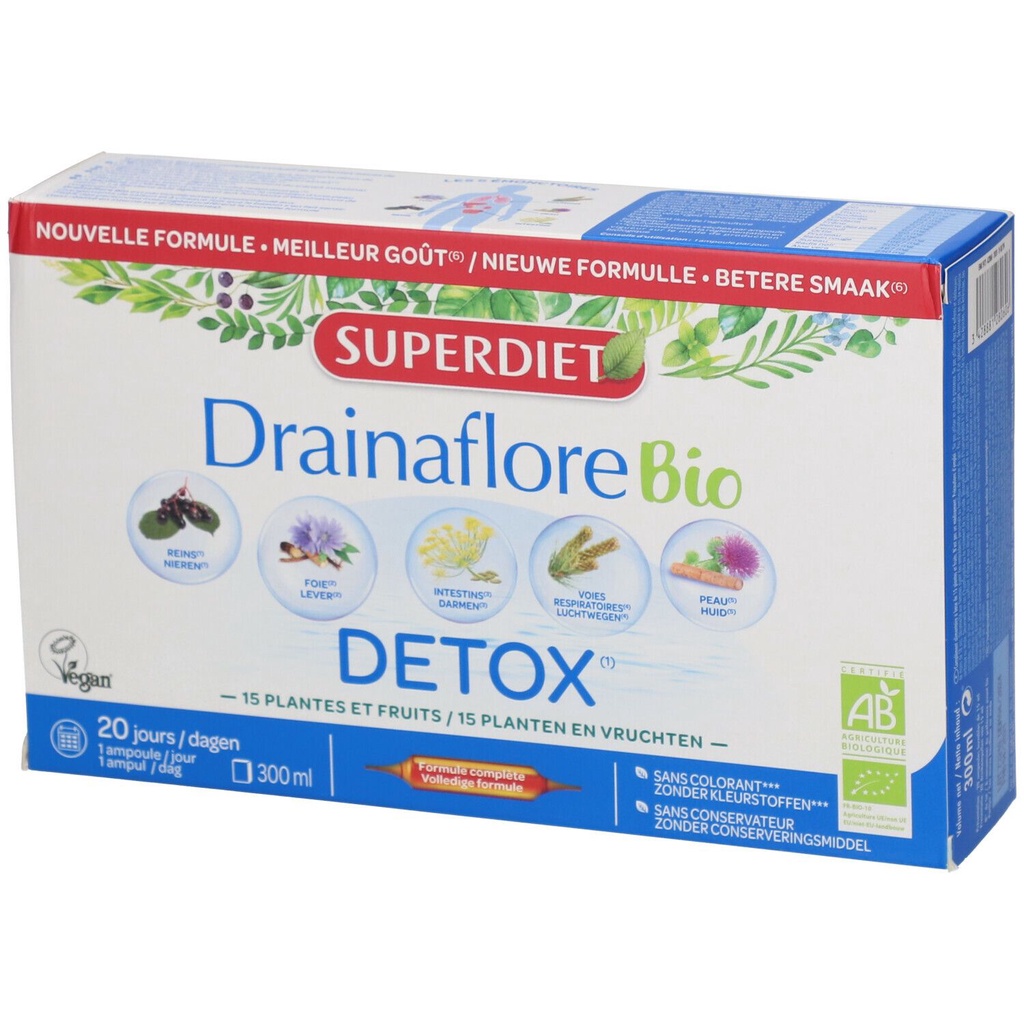 Detox 5 trong 1 SuperDiet Drainaflore Bio Pháp hộp 20 ống * 15ml date 09/24