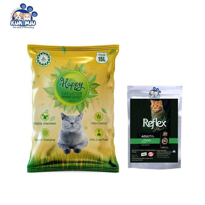 Combo cát Happy 15L vàng cafe (7.6kg) + 0.5kg Reflex plus adult vị gà
