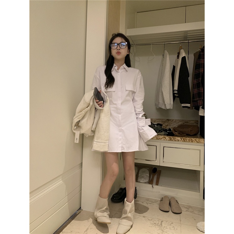 Đầm sơ mi tay dài cổ bẻ ôm eo thiết kế phong cách Hàn Quốc ngọt ngào thời trang mới dành cho nữ