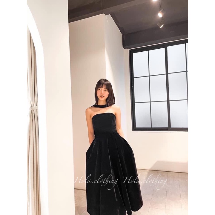 H069-Đầm nhung đi tiệc đính nơ sau lưng