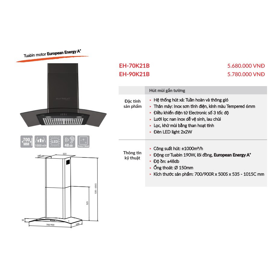 MÁY HÚT MÙI EUROSUN EH-70K21B/EH-90K21B