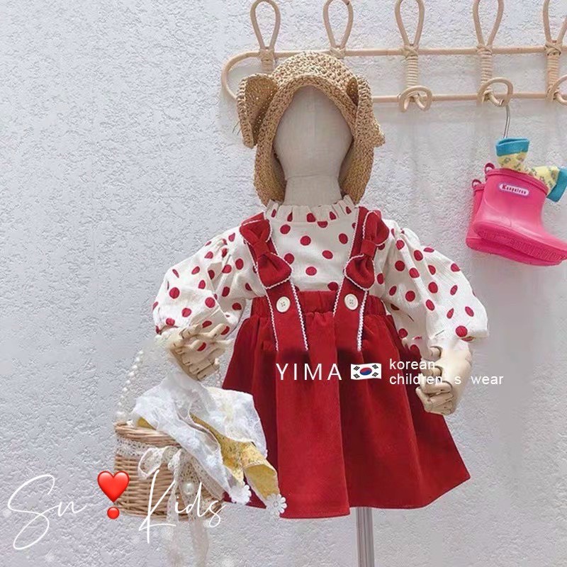 váy đầm cho bé gái - váy yếm cho bé 2 chi tiết áo đũi chấm bi kết hợp váy yếm xòe bồng tự nhiên cực đẹp.