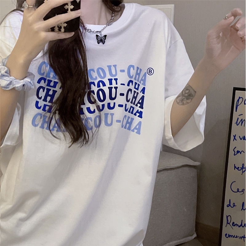 SUXI Áo Thun Ngắn Tay Cổ Tròn Dáng Rộng In Chữ Thời Trang Mùa Hè Cho Nữ