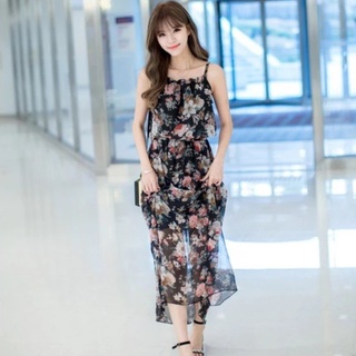 Đầm Maxi 2 Dây Họa Tiết Hoa (Đen)